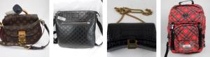 Four bags are lined up, the first is from Louis Vuitton, second from Gucci, third from Balenciaga, and fourth from Prada
