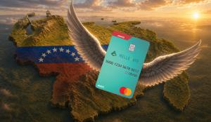 A Rellevate card with angel wings floats over a stylized map of Venezuela in the colors of the Venezuelan flag.