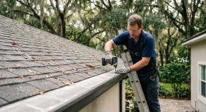 A man installs a gutter guard on a roof while using a ladder for support.