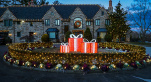 home decorated with holiday lighting