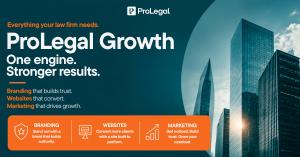 Dark teal and orange graphic for ProLegal Growth reading "One engine. Stronger results." with three icons for Branding, Websites, and Marketing, set against a background of glass office towers.