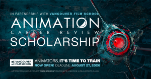 Promotional graphic for the Animation Career Review Scholarship in partnership with Vancouver Film School, featuring artwork of a futuristic mechanical character with a glowing red central eye.