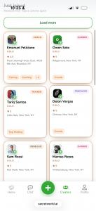 Secret World app screen showing a grid of Creator Cards for local barbers, trainers, coaches, producers, and resellers in New York.