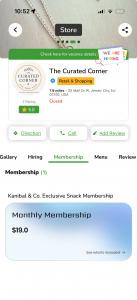 Secret World app business profile for The Curated Corner showing a hiring banner, membership tab, business details, rating, directions, call button, and a monthly membership offer.