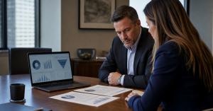 Law firm professionals reviewing marketing reports and case attribution data