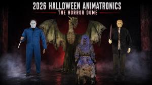 Michael Myers, Winter Forest Dragon, and Jason Voorhees animatronics from The Horror Dome’s 2026 Halloween collection.