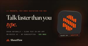 ShoutFlow brand card showing the orange waveform app icon and the ShoutFlow wordmark on a warm paper background.