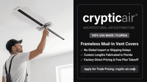 Contractor installing a Cryptic Air USA-made frameless mud-in linear slot diffuser alongside B2B contractor portal features.