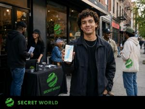 Creator holding a phone showing the Secret World opportunity map outside a local storefront with community members nearby.