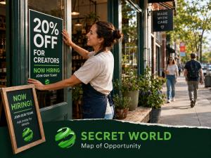 Local business owner displaying a 20 percent creator discount and now hiring signs for customers and creators.