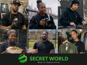 Six local creators including a barber, photographer, DJ, food seller, trainer and clothing seller representing the Secret World creator community.