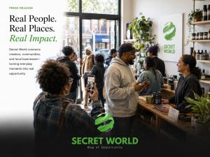 Creators and customers gathering inside a local business while one person records content on a phone for the Secret World community.