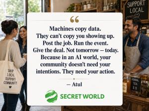 Secret World quote from Atul reading, “Machines copy data. They can’t copy you showing up,” over a photo of people inside a local business.