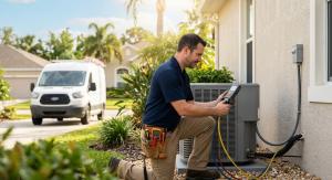 An HVAC contractor inspects an air conditioning unit, surrounded by tools and equipment for repairs