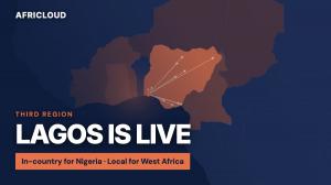 Map of West Africa with the AFRICLOUD Lagos region lit and reach lines across the region; text reads Lagos is live, in-country for Nigeria, local for West Africa