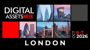 Event banner for Digital Assets Week London, taking place on October 6-7, 2026. The graphic features a grid of photos showcasing iconic London landmarks, including The Shard, The Gherkin, the Walkie Talkie building, and Tower Bridge against the city skyli
