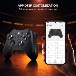 GuliKit ES Max controller beside a smartphone displaying the GuliKit App customization interface.