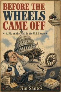 Book cover for Before the Wheels Came Off: A Fly on the Wall in the U.S. Senate. A harried tech support worker watches a crumbling Capitol building roll away on a cart with breaking wheels.