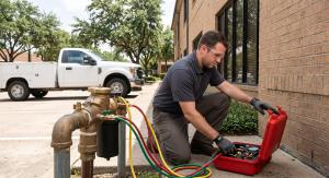 A worker examines a water meter, highlighting the importance of backflow preventer services for water safety.
