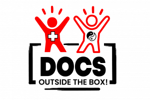Docs Outside the Box logo featuring two red stylized figures, one with a medical cross symbol and the other with a yin-yang symbol, celebrating integrative healthcare approach