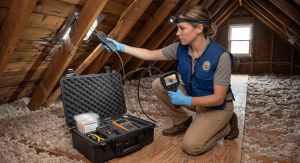 An attic inspector, wearing a headlamp and blue vest, kneels on a plywood walkway amidst insulation. She holds a diagnostic probe up to a wall near a roof vent. Her open equipment case is next to her.