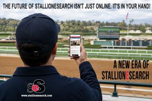 holding a mobile device using StallioneSeach.com at the Quarter Horse track