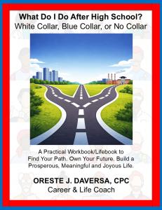 Cover of "What Do I Do After High School? White Collar, Blue Collar, or No Collar" by Oreste J. D'Aversa, a career guidance workbook showing a road splitting into three paths toward a city skyline, factories, and a school. Describes the literal visual (t