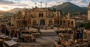 Artist's rendering of a village preparing an outdoor stage for the Passion Play of Sordevolo in Italy