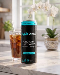 A black 12 fl oz can of hydrbrew° Functional Iced Coffee with teal accents, labeled "Nootropics + Adaptogens" and "Light and Crisp," displayed on a marble countertop next to a glass of iced coffee.
