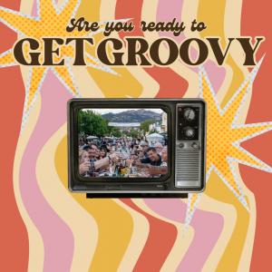 A retro graphic with a television screen showing people toasting at a table