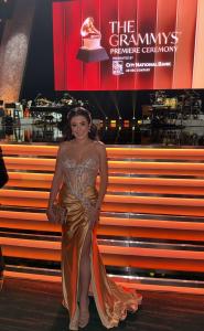 Farrah Mechael attending the GRAMMY Premiere Ceremony in an evening gown before the official GRAMMY stage.