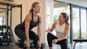 Middle-aged woman performing dumbbell resistance training with a personal trainer in a modern gym as part of a menopause strength program.
