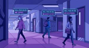 three students walking in different directions up and down a hallway. each student has a futuristic popup box above their heads that say "Hall Pass in use" with a destination below it.