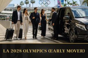 Business travelers arriving for the LA 2028 Olympic Games with an LB Limo luxury chauffeur vehicle.