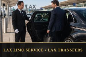 LB Limo chauffeur assisting a business traveler with luxury airport transportation at LAX.