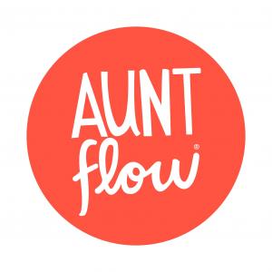 Aunt Flow logo featuring the words “Aunt Flow” in white lettering inside a coral-red circle on a white background.