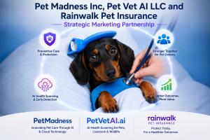 Illustration of a strategic partnership between Pet Madness Inc., Pet Vet AI LLC, and Rainwalk Pet Insurance featuring a dog receiving veterinary care, representing AI-powered pet health scanning, preventive pet insurance, and AWS enterprise data tech