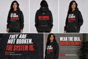 The debut hoodie from the TEDxBeverlyGrove Store, featuring Syd Stewart's "They are not broken. The system is." and "Shift Happens." Available now at tedxbeverlygrove.myshopify.com.
