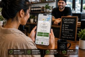 Creator using Secret World app to discover local deals, jobs, memberships and business opportunities.