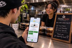 Creator using the Secret World app at HomeTaste Kitchen to view local hiring opportunities, memberships, menu information, and business details.