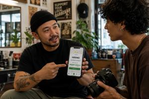 Local business owner showing a content creator hiring opportunity on the Secret World app to a photographer in Brooklyn.