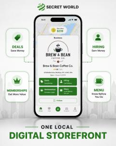 Secret World app digital storefront showing a local business with deals, hiring opportunities, memberships, and menu information in one place.