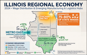 Map-based infographic of Illinois' 2024 regional economy, highlighting Chicago metro's 75–80% share of state wages alongside Metro East as an emerging logistics hub and Southern Illinois as an emerging manufacturing hub.
