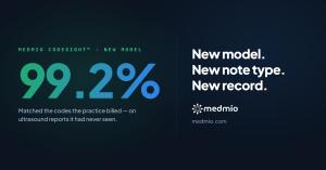 Medmio CodeSight graphic: 99.2% accurate on the first diagnostic ultrasound medical coding benchmark - new model, new note type, new record
