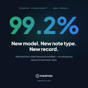 Square Medmio graphic: New model. New note type. New record. 99.2% on the CodeSight diagnostic ultrasound coding benchmark