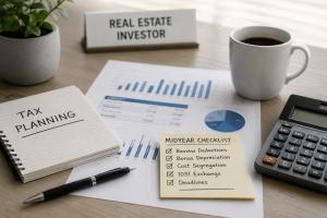 Midyear tax planning checklist for Houston real estate investors covering deductions, bonus depreciation, cost segregation, 1031 exchanges, and tax deadlines.