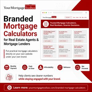 Promotional graphic for Your Mortgage Toolbox branded mortgage calculators for real estate agents and mortgage lenders, showing branded website calculator tools for homebuyers.