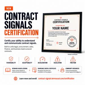 Contract Signals Certification launch graphic featuring a professional certificate and a group of professionals collaborating, with learning outcomes focused on contract risk, trust, friction, favorability, and market signals.