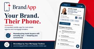Promotional graphic for BrandApp, a branded mobile app for real estate agents and mortgage lenders, showing a sample agent-branded app screen with homebuying tools and contact options.