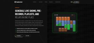RadioCult scheduling feature page with a weekly calendar of radio programming color-coded by live shows, pre-records, and playlists across the week.